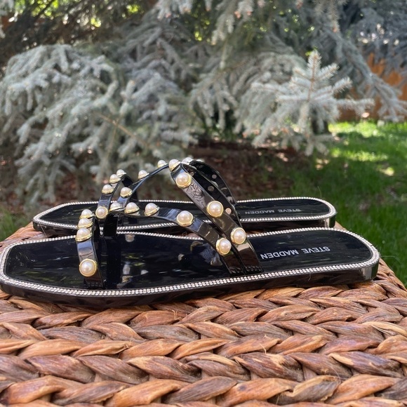 NEW Steve Madden Yalsa Black Jelly Pearl Embellished Flat Slide Sandals.  Size 9 - Picture 7 of 7